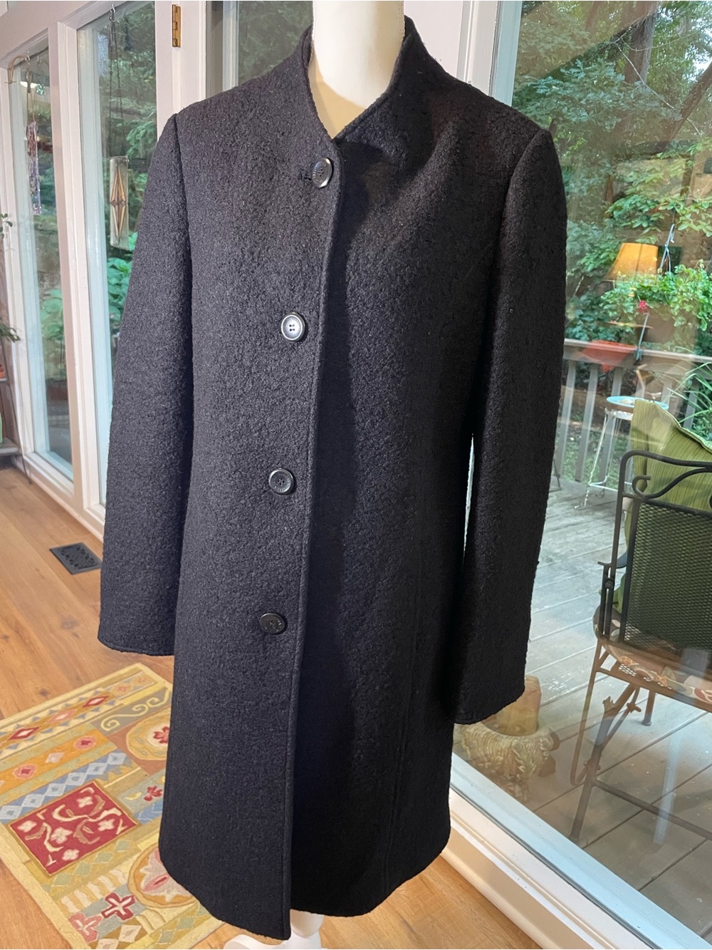 Ellen Tracy Black Textured Wool-Blend Single-Breasted Coat